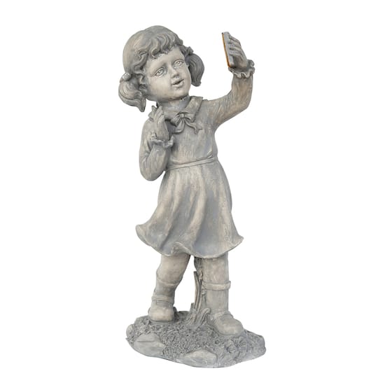 Northlight; 18" Distressed Gray Girl with Cell Phone Solar Powered LED Outdoor Garden Statue; Category:Spring Tabletop Decor; Image:1